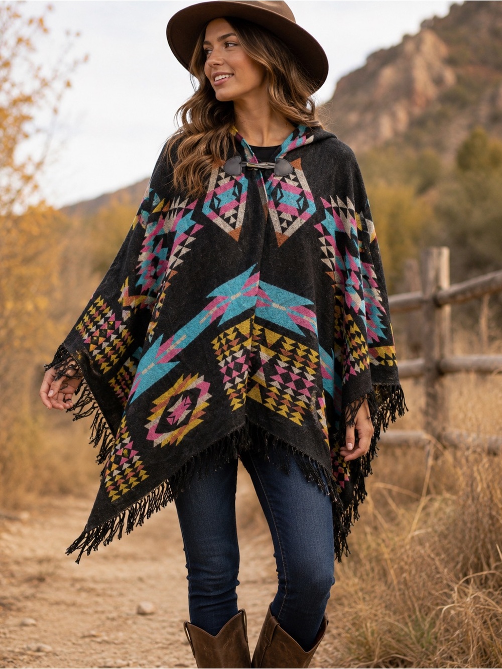 Southwestern Aztec Fringe Hooded Poncho Womens One Size Boho Western Festival